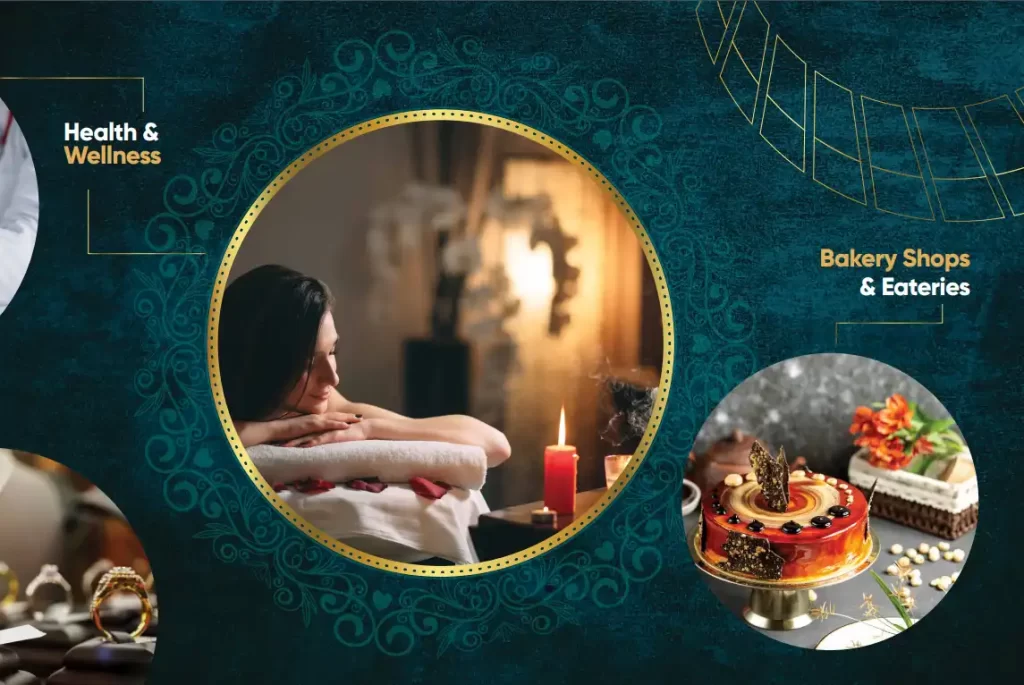 shops for health, wellness, bakery and eateries